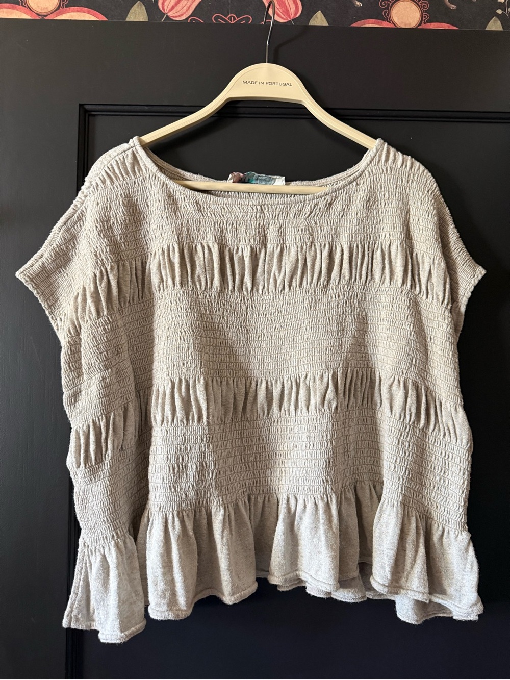 Free People FP Beach Linen Blend Smocked Top Size S Beige Short Sleeve